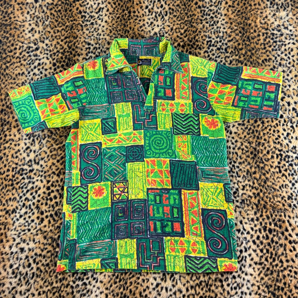 Vintage 1960s Towncraft Prep Penn-Prest Geometric Batik Print Shirt Green Yellow
